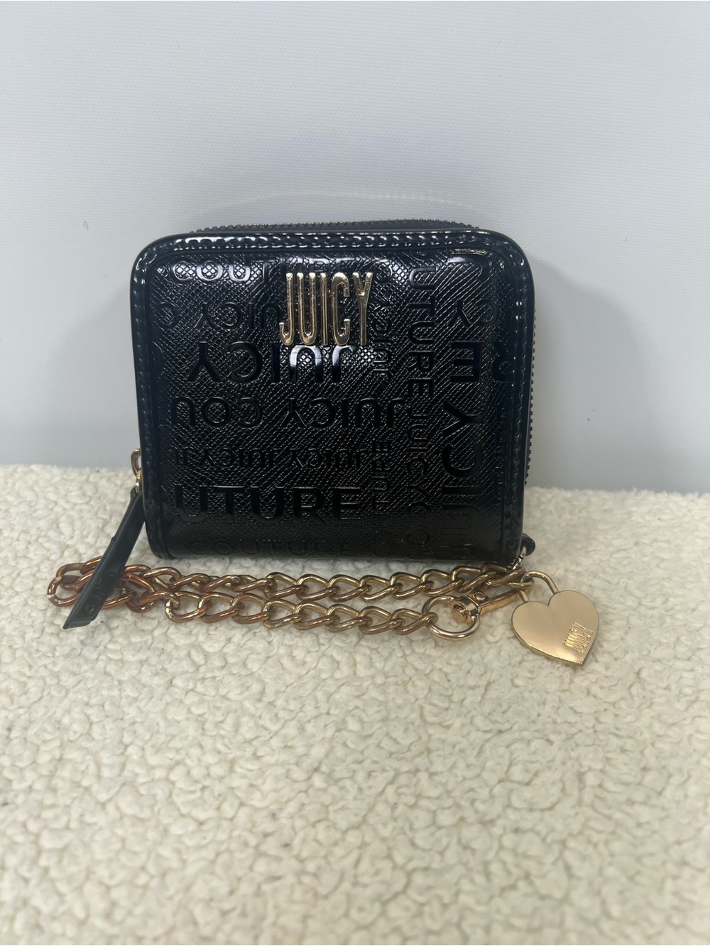 Juicy Couture Black Embossed Wallet Gold Chain Heart Charm